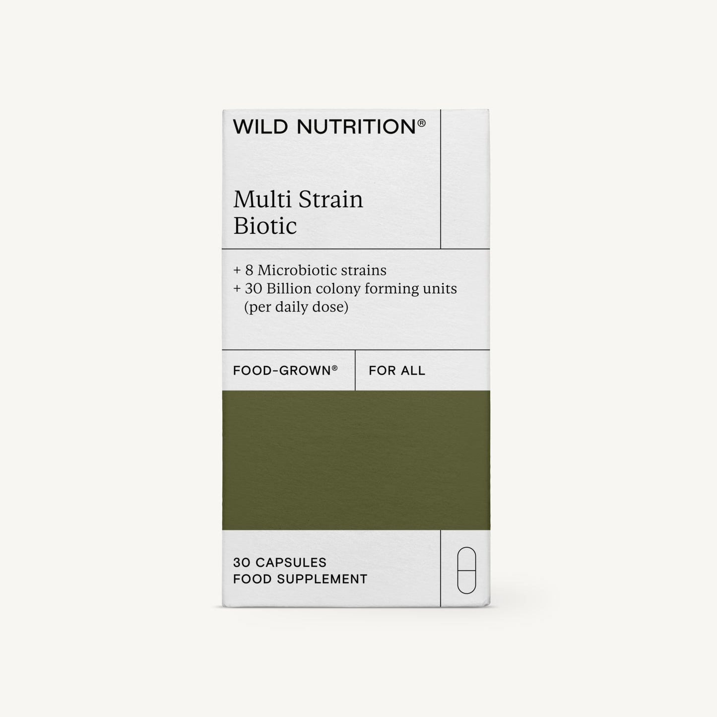 Wild Nutrition Multi Strain Biotic, 30 kapselia sisältävä ravintolisäpakkaus; suorakaiteen muotoinen, pinta mattavalkoinen tummanharmain ja sinisin tekstein; etiketissä "8 mikrobiottista kantaa" ja "30 miljardia PMY päiväannosta kohden"; typografiassa käytetty sekä antiikva- että groteskifontteja; ei ihmisiä eikä käsiä näkyvissä, tausta neutraali studiokuva suoraan edestä.