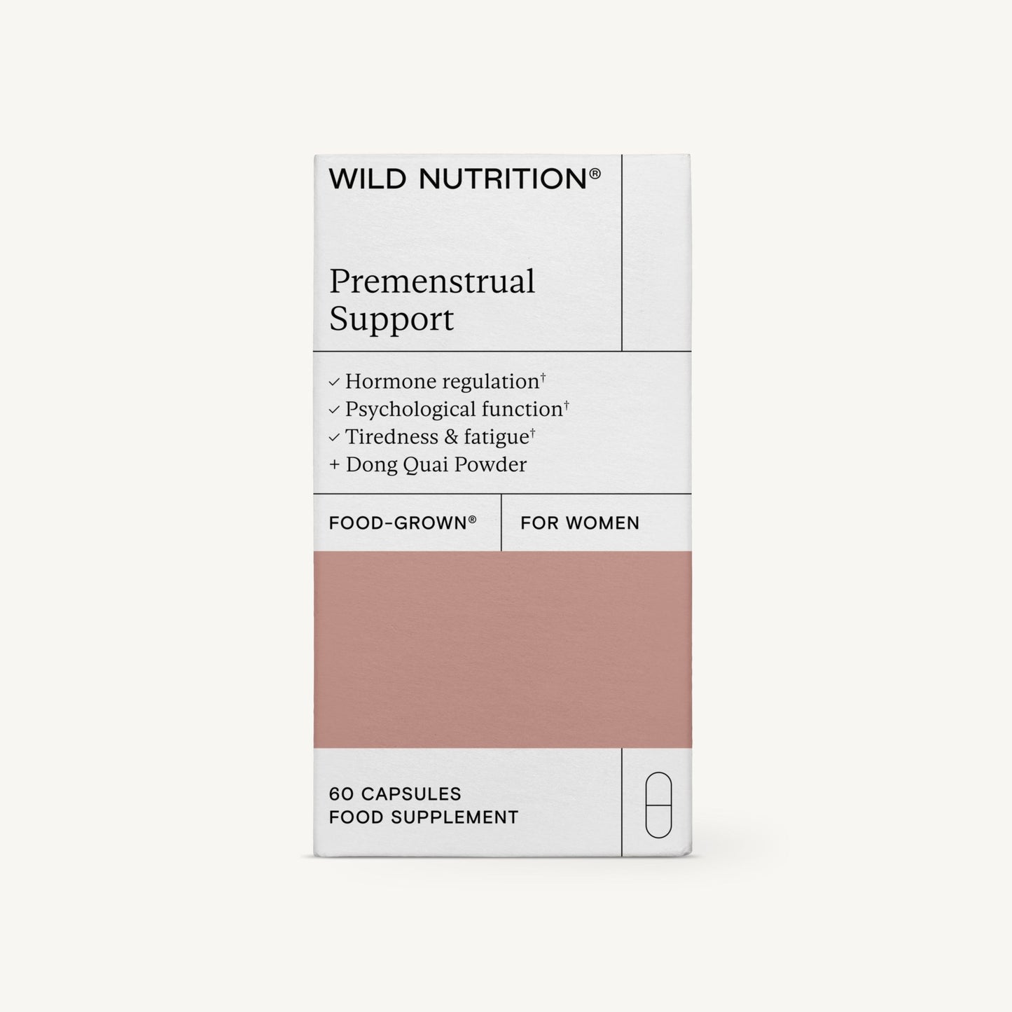 Wild Nutrition Premenstrual Support -pakkaus, ravintolisä hormonitasapainolle ja psykologiselle toiminnalle; suorakulmainen mattapintainen pahvipakkaus neutraalein värein; etusivun etiketissä suuraakkosista mustaa tekstausvapaata tekstiä ja pienempää harmaata alatekstiä; "60 capsules" listattu etupaneelissa; ei ihmisiä tai käsiä näkyvissä, laatikko valkoista taustaa vasten; pakkaus sisältää 60 kapselia erityisesti naisille suunniteltuna.