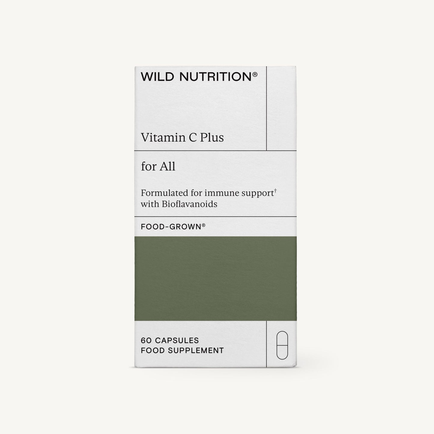 Wild Nutrition Vitamin C Plus -pakkaus, sisältää 60 kapselia; laatikko suorakulmainen mattapinnalla, pääosin valkoinen vihrein elementein; etiketissä serif- ja tekstausvapaita fontteja; keskeiset kohdat mainitsevat immuniteetin tuen, bioflavonoidit, kasviperäiset ainesosat ja soveltuvuuden kaikille; ei ihmisiä tai käsiä näkyvissä; tausta yksinkertainen ja neutraali; laatikko valkoista ja vihreää minimalistista designia.