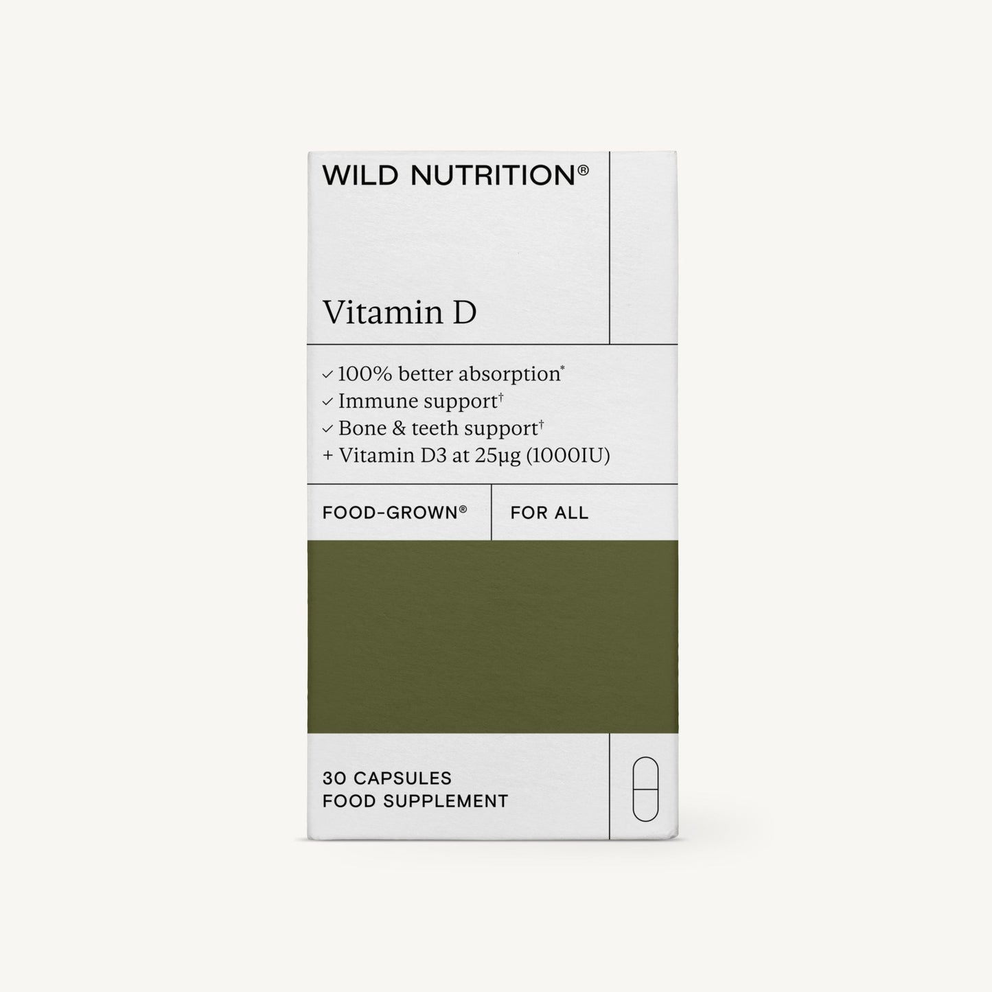 Wild Nutrition Vitamin D -pakkaus, ravintolisäkapselit, sisältää 60 kasviskapselia, hyödyt immuniteetille, luustolle ja hampaille; laatikko suorakulmainen mattapinnalla, valkoinen pohja metsänvihreällä korostusosiolla; tekstausvapaata fonttia tuotenimessä ja tiedoissa; pakkaus kuvattu pystyssä valkoista taustaa vasten; ei ihmisiä tai käsiä näkyvissä.