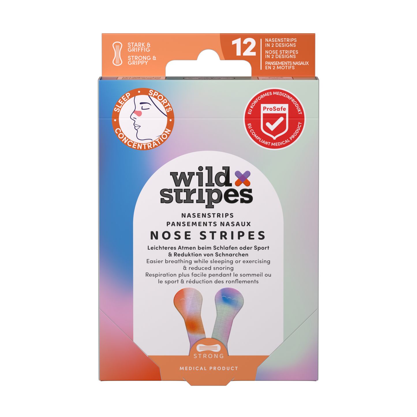 Wild Stripes Sunrise Nose Stripes -nenäteippipakkaus, 12 sinistä ja pinkkiä teippiä