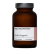 Wild Nutrition Endo Support; ruskea lasipullo tekstillä Wild Nutrition Endo Support, vaaleanpunainen ja valkoinen Food-Grown-etiketti naisille, kuvattu valkoista taustaa vasten; pullo sylinterin muotoinen kierrekorkilla ja mattapinnalla; etikettikirjasin lihavoitua groteskia tuotenimessä; ei ihmisiä, käsiä tai rekvisiittaa kuvassa, suoraviivainen tuotekuva.