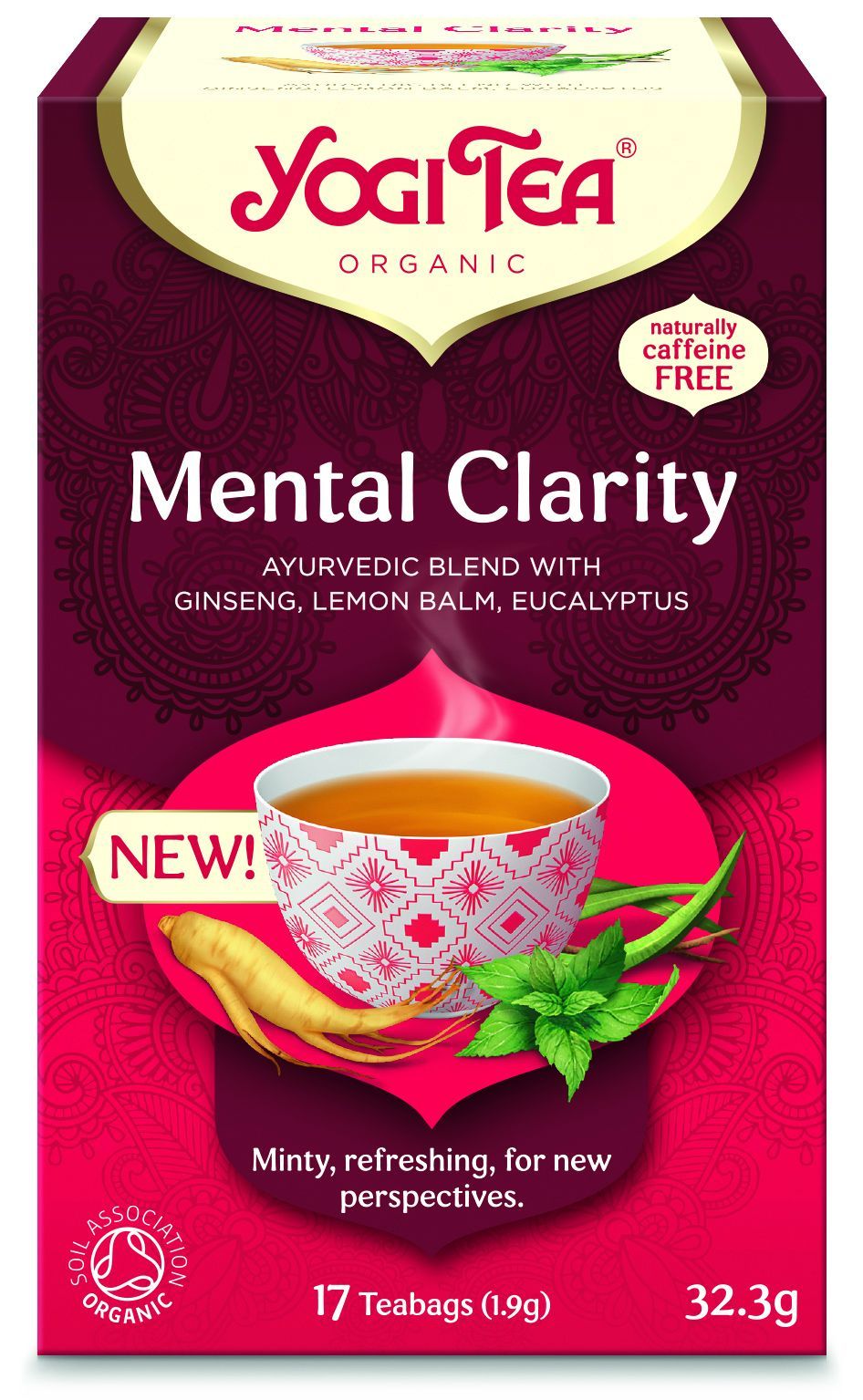 YogiTea Luomu Mental Clarity Tee; pakkaus, kuvassa teekuppi, ginsengiä ja raikasta minttua; kofeiiniton luomutee sisältää 17 teepussia; pakkaus on pääosin punainen ja pinkki, suorakulmainen ja mattapintainen; etiketissä valko-kultaista groteskitekstiä; ei ihmisiä tai käsiä näkyvissä, kuvassa näkyy vain laatikon etuosa yksivärisellä taustalla.