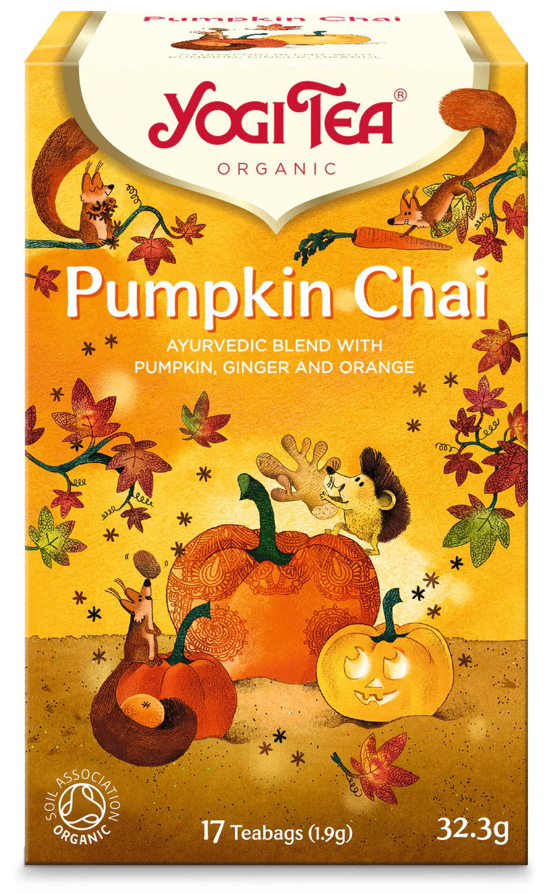 YogiTea Luomu Pumpkin Chai; syksyisiä lehtiä, kurpitsoja, orava ja siili kuvattuna pakkauksessa; suorakaiteen muotoinen laatikko mattapinnalla oranssi-ruskein sävyin; painettua tekstiä ainesosista kuten kurpitsa, inkivääri ja appelsiini, sekä maininta 17 teepussista; ei ihmisiä tai toimintaa; vaalea tausta.