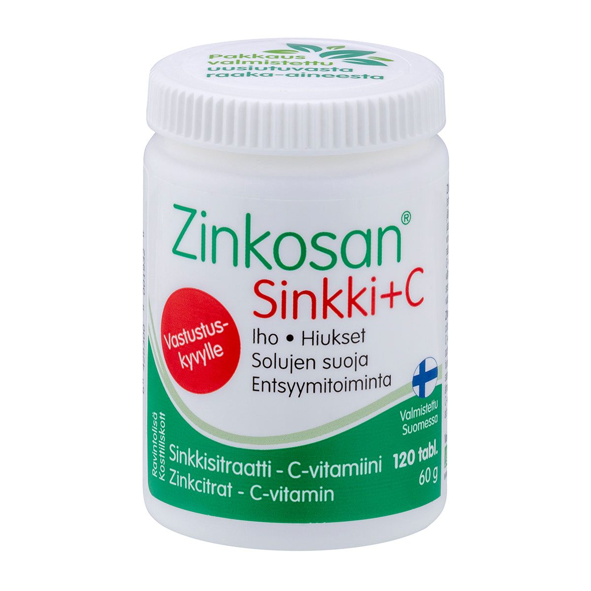 Zinkosan Sinkki+C -pullo; valkoinen sylinterinmuotoinen mattapintainen muovipullo, vihreä-punainen groteskiteksti etiketissä ja pieni Suomen lipun kuvake
