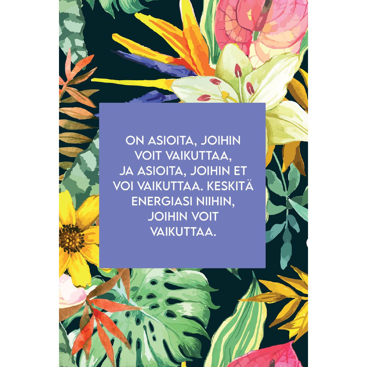 Product with a rectangular blue box bordered by a floral pattern; box has matte finish and features printed Finnish text that encourages focusing your energy on what you can control. Typography is clean and legible, likely sans-serif. No packaging or materials beyond the print visible. The background is plain; no people or hands present. Straight-on product shot.
