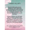 Printed rectangular product with pastel patterned background, matte finish. Finnish text displayed in a modern sans-serif font: Teksti suomeksi pastellisävyisellä kuviopohjalla rohkaisee unelmoimaan suuria ja tekemään itselle merkityksellisiä valintoja tulevaisuutta varten. Se kysyy, millaista elämää haluaisit vielä elää, ja kannustaa luomaan oman ainutlaatuisen polun, jossa mielikuvitus saa vapaasti lentää. No people or hands visible. The image is a straight-on product shot against a neutral surface.