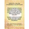 Rectangular print or card with a gold and cream decorative background. Matte surface, no visible gloss. Finnish text is centered in a clean, modern sans-serif font. No packaging or branding elements present. The setting is neutral with no notable props, people, or hands. A Finnish text on a gold and cream decorative background encourages readers to follow their heart’s compass and embrace mindfulness to live authentically.
