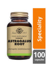 Solgar Astragalus-juuri -pullo, ruskea lasi, muovikierrekorkki, kiiltäväpinta; "Speciality" ja "100 capsules" kultaisella antiikvatekstillä sivussa