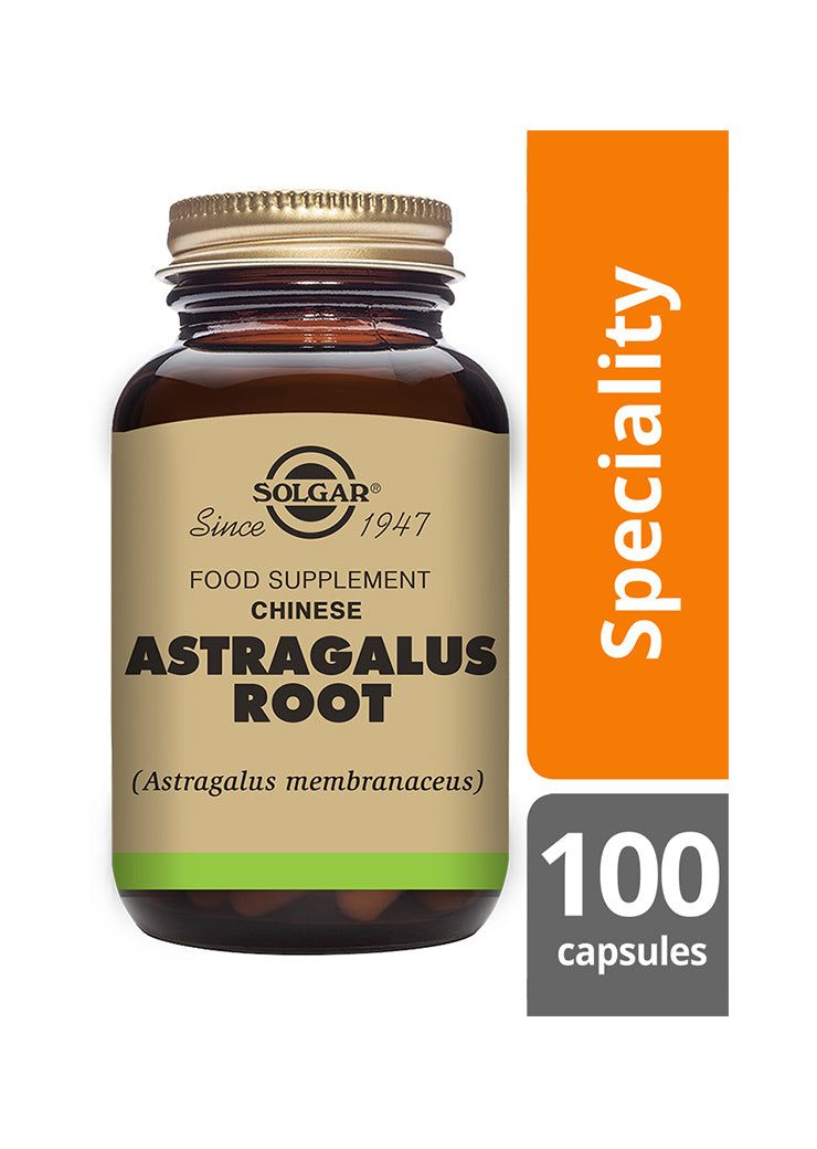 Solgar Astragalus-juuri -pullo, ruskea lasi, muovikierrekorkki, kiiltäväpinta; "Speciality" ja "100 capsules" kultaisella antiikvatekstillä sivussa
