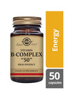 Solgar B-Complex 50 -pullo, meripihkanvärinen lasipullo kultaisella etiketillä; keltainen "Energy"-palkki, 50 kapselia