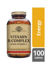 Solgar B-Complex + C-vitamiini -pullo, meripihkanvärinen lasipullo kultaisella metallikannella; 100 tablettia, energian ja elinvoiman tueksi