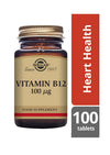 Solgar B12-vitamiini 100 mikrog -pullo, ruskea lasi, kultainen korkki, mattapinta; kermanvärinen-punainen-musta etiketti antiikva- ja groteskitekstein, "Heart Health", 100 tablettia