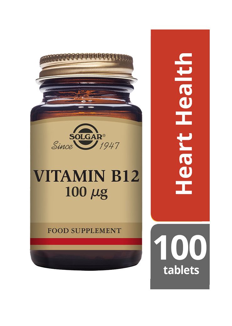 Solgar B12-vitamiini 100 mikrog -pullo, ruskea lasi, kultainen korkki, mattapinta; kermanvärinen-punainen-musta etiketti antiikva- ja groteskitekstein, "Heart Health", 100 tablettia