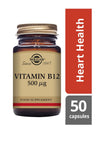 Solgar B12-vitamiini 500 mikrog -pullo, ruskea muovi, kiiltäväpinta, kultainen metallikorkki; paperietiketti antiikva- ja groteskitekstein, "Heart Health", "energy support", punais-harmaat sivupalkit, 50 kapselia