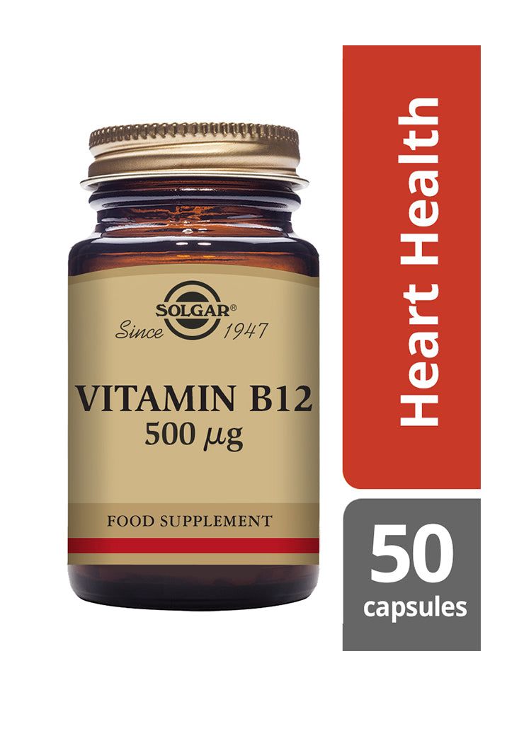 Solgar B12-vitamiini 500 mikrog -pullo, ruskea muovi, kiiltäväpinta, kultainen metallikorkki; paperietiketti antiikva- ja groteskitekstein, "Heart Health", "energy support", punais-harmaat sivupalkit, 50 kapselia