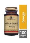 Solgar B12-vitamiini 1000 mikrog -pullo, ruskea lasipullo kultaisella muovikorkilla; beige etiketti, 100 pureskeltavaa tablettia, energian tueksi