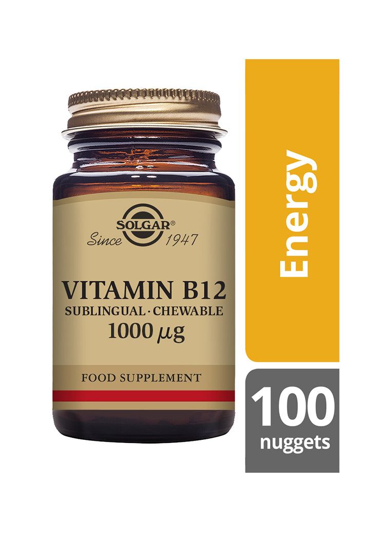 Solgar B12-vitamiini 1000 mikrog -pullo, ruskea lasipullo kultaisella muovikorkilla; beige etiketti, 100 pureskeltavaa tablettia, energian tueksi