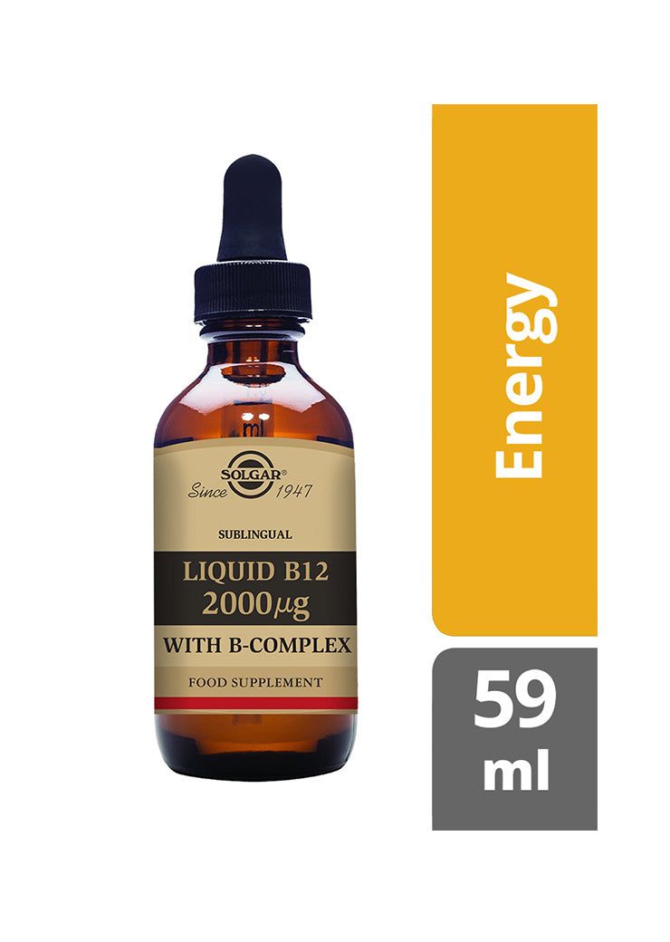 Solgar B12-vitamiini + B-Complex nestemäinen -pullo, meripihkanvärinen lasi, tumma kierrekorkki; beige mattaetiketti musta antiikvatekstillä, keltainen pystypalkki "Energy" ja "B-Complex", 2000 mikrog, 59 ml