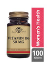 Solgar B6-vitamiini 50 mg -pullo, ruskea lasi, kultainen metallikierrekorkki, beige mattaetiketti; naisten terveyden tueksi, 100 tablettia, lihavoitu musta antiikvateksti, Solgar-logo keskellä ylhäällä