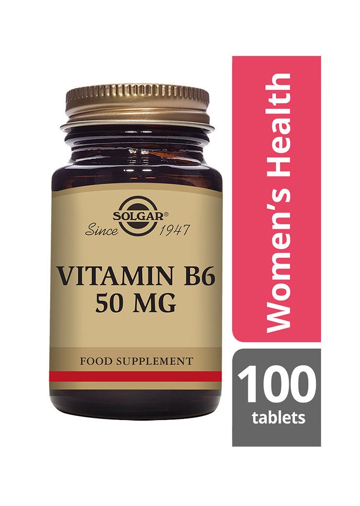 Solgar B6-vitamiini 50 mg -pullo, ruskea lasi, kultainen metallikierrekorkki, beige mattaetiketti; naisten terveyden tueksi, 100 tablettia, lihavoitu musta antiikvateksti, Solgar-logo keskellä ylhäällä