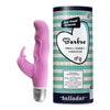 Belladot Barbro Small Rabbit Vibrator: vaaleanpunainen silikoninen vibraattori mattapinnalla seisoo pystyssä sylinterimäisen pakkauksensa vieressä; pakkauksessa turkoosi-valkoinen kuviointi ja selkeä teksti "Barbro Small Rabbit Vibrator by Belladot"; molemmat esineet ovat esillä tasaisella pinnalla, ei ihmisiä tai käsiä näkyvissä; kuva on tasaisesti valaistu neutraalia taustaa vasten.