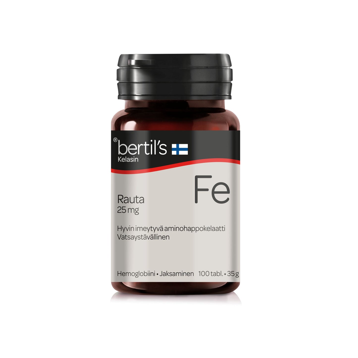 bertils Fe Rauta 25 mg -pullo; ruskea muovipullo mattapinnalla, sylinterimäinen muoto ja musta kierrekorkki; valkoisessa etiketissä teksti "bertils Fe Rauta 25 mg" sekä lisää suomenkielistä tekstiä rautaravintolisästä, annostuksesta ja lukumäärästä 100; pieni Suomen lippu etiketissä; tausta yksinkertainen ja tasaisesti valaistu; ei ihmisiä tai käsiä näkyvissä.