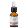 A small amber dropper bottle labeled Elementa Peptide + Hibiscus 2%, TENS, Bioearth is displayed with a black cap and clear glass dropper against a white background. The bottle is cylindrical glass with a glossy surface and the label uses sans-serif typography in black and red. There are no people or hands visible in this product photo.