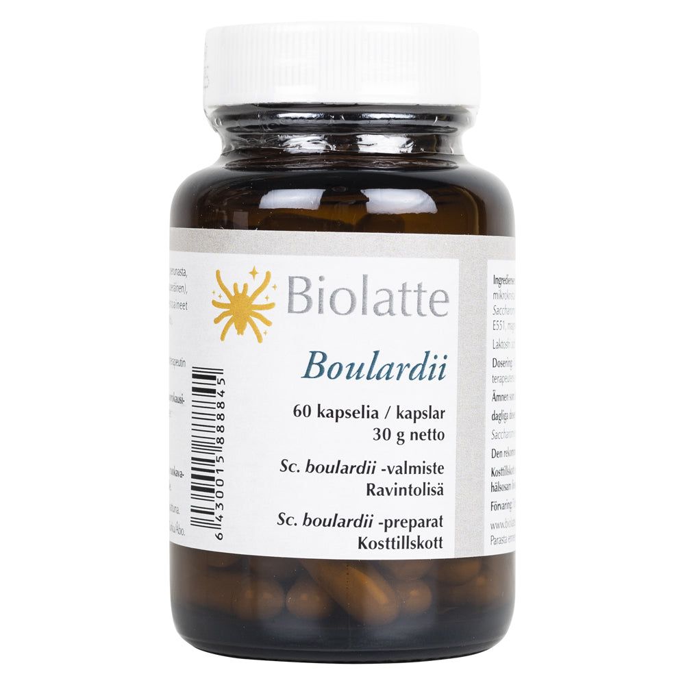Biolatte Boulardii -pullo, ruskea lasi, valkoinen etiketti musta-kultaisella tekstillä "Biolatte Boulardii", 60 kapselia, 30 g; keltainen aurinkokuvake tuotenimen yläpuolella