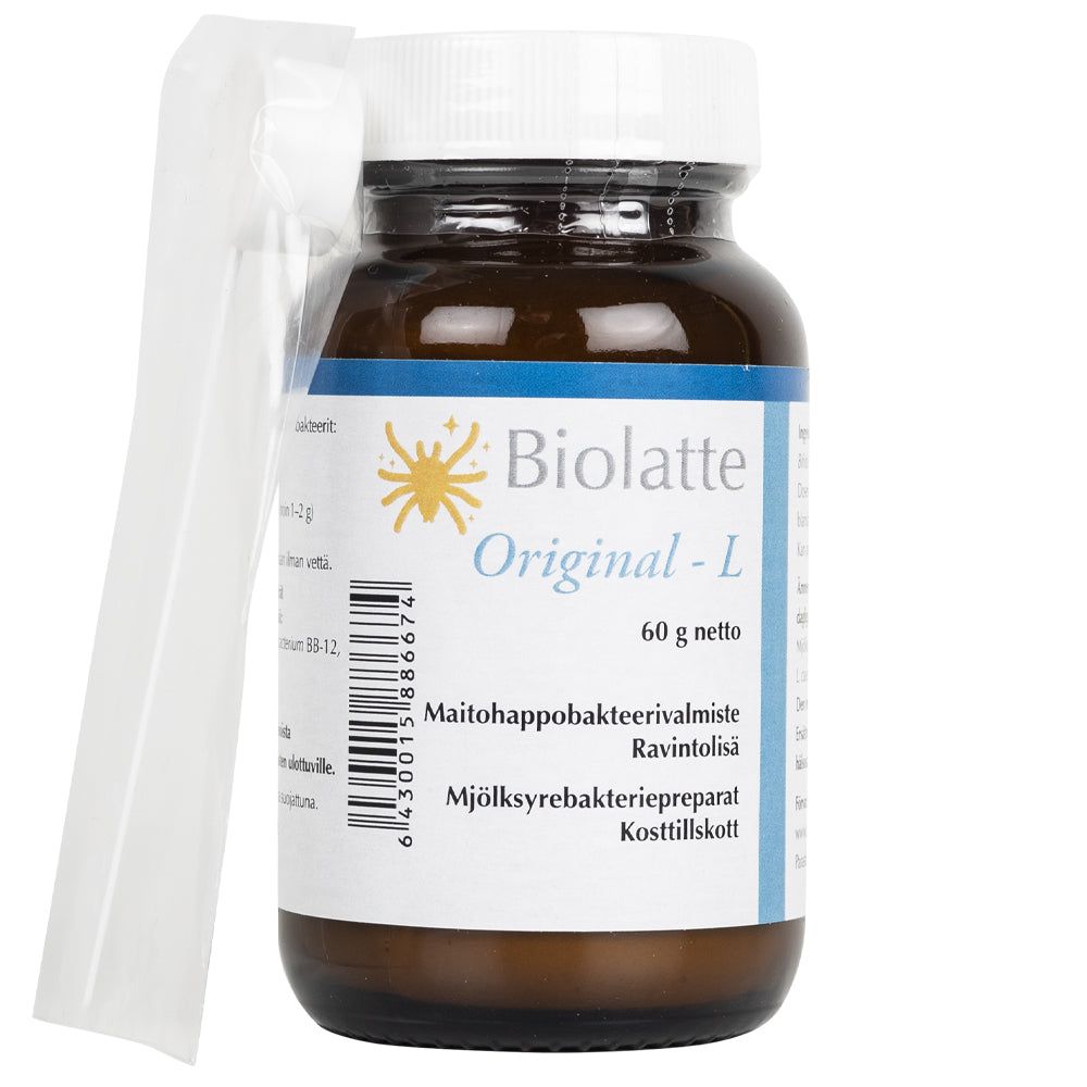 Biolatte Original-L -pullo, ruskea lasi, valkoinen kierrekorkki, kirkas mittalusikka kiinnitettynä kaulaan; kiiltäväpintainen sylinterinmuotoinen pullo, noin 60 g sisältö, teksti useilla kielillä