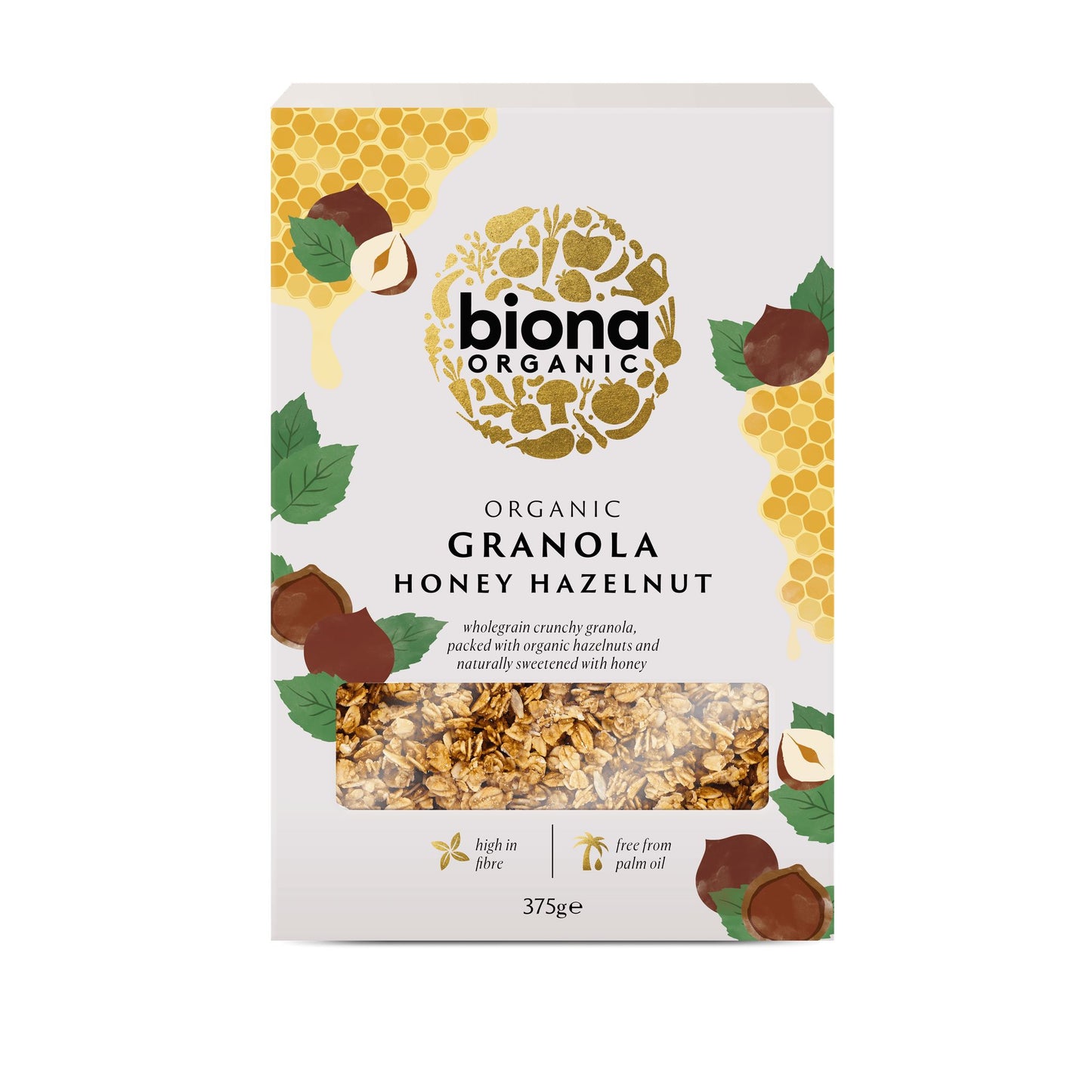 Rasia Biona Organic Granola Honey Hazelnut -mysliä, jossa on hunajakenno- ja hasselpähkinäkuvituksia sekä tuotetietoja korkeasta kuitupitoisuudesta ja luomuainesosista. Tuote painaa 375 g. Pakkaus on suorakulmainen mattapinnalla, pääosin ruskea keltaisin tehostein. Brändi- ja tuotenimessä käytetään pääteviivatonta typografiaa. Ihmisiä tai käsiä ei näy; pelkistetty tausta; kuva otettu edestä silmän korkeudelta.
