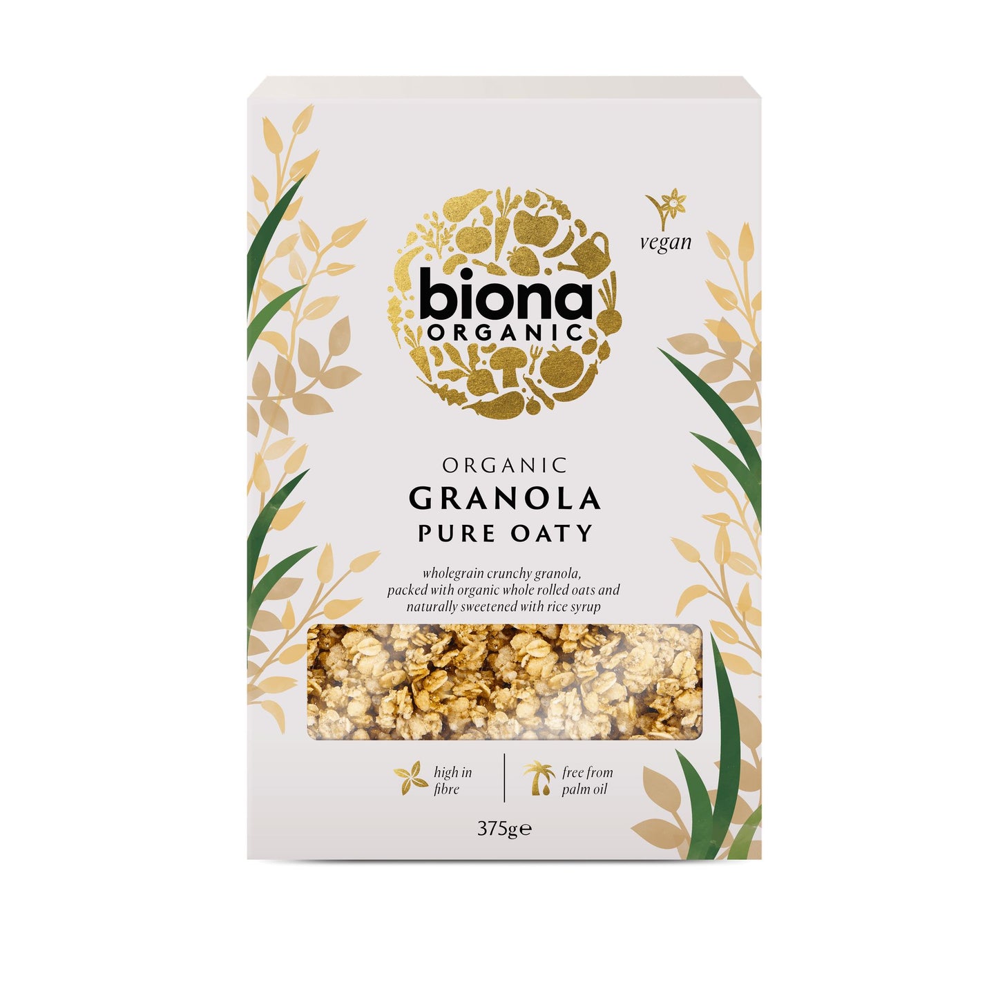 Biona Organic Pure Oaty Granola, 375 g; kultafolion sävyisiä koristeaiheita, vegaanilogo ja ikkuna, josta näkyy grahamimurot; suorakulmainen, mattapintainen pakkaus tummalla taustalla; serif- ja groteskifonttia, teksti korostaa kuitupitoisuutta, riisisiirapilla makeutettua koostumusta ja palmuöljyttömyyttä; neutraali tausta, ei ihmisiä tai käsiä.