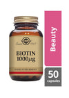 Solgar Biotiini 1000 mikrog -pullo, ruskea lasi, beige-kultainen etiketti; vaaleanpunainen "Beauty"-nauha, hiusten ja ihon terveyden tueksi, lihavoitu musta-kultainen antiikvateksti, 50 kapselia