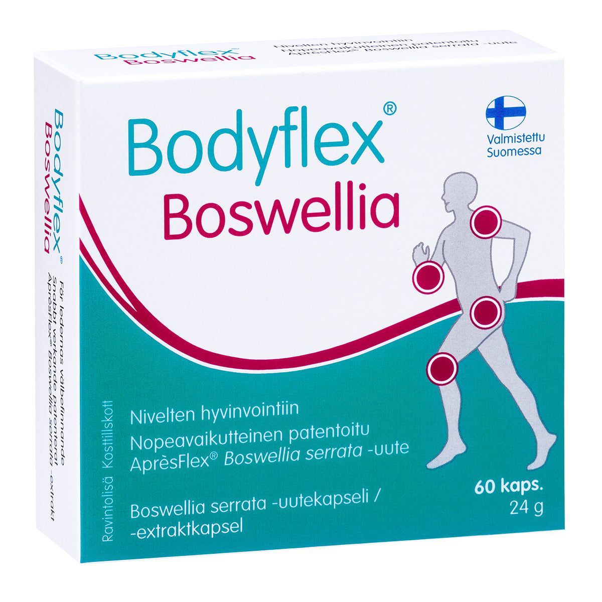 Bodyflex Boswellia -kapselipakkaus, 60 kapselia; turkoosi ja valkoinen, suorakulmainen ja mattapintainen rasia; etupuolella yksinkertaistettu ihmishahmon ääriviiva, jossa nivelet merkitty punaisin ympyröin; lihavoitua suomenkielistä tekstausvapaata tekstiä; kuvattu valkoista taustaa vasten, ei ihmisiä tai käsiä näkyvissä.