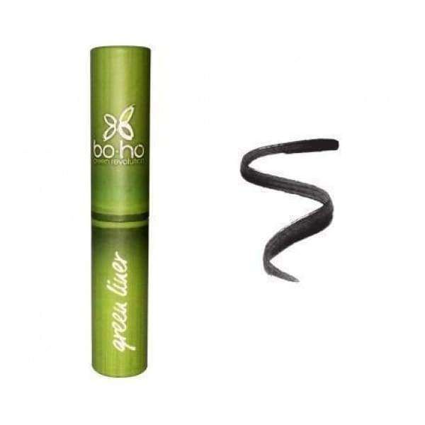 Boho Nestemäinen Eye Liner Musta -tuubi, vihreä, mattapinta, pienaakkosinen valkoinen teksti "boho green liner"; vieressä musta aaltoviiva tasaisella pinnalla