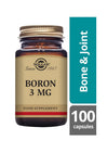 Solgar Boori -pullo, ruskea lasi, kultainen kierrekorkki, kiiltäväpinta; antiikva- ja groteskiteksti, turkoosi-valkoinen "Bone & Joint" ja "100 capsules" -laatikot