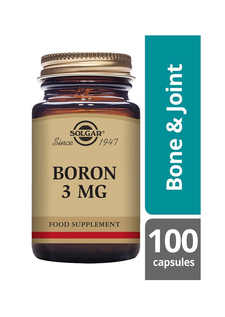 Solgar Boori -pullo, ruskea lasi, kultainen kierrekorkki, kiiltäväpinta; antiikva- ja groteskiteksti, turkoosi-valkoinen "Bone & Joint" ja "100 capsules" -laatikot