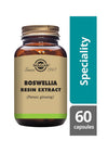 Solgar Boswellia -pullo, ruskea, beige mattaetiketti, teal-sininen laatikko "Speciality" ja "60 capsules"; sisältää myös Panax ginsengiä, valkoinen groteskiteksti laatikossa