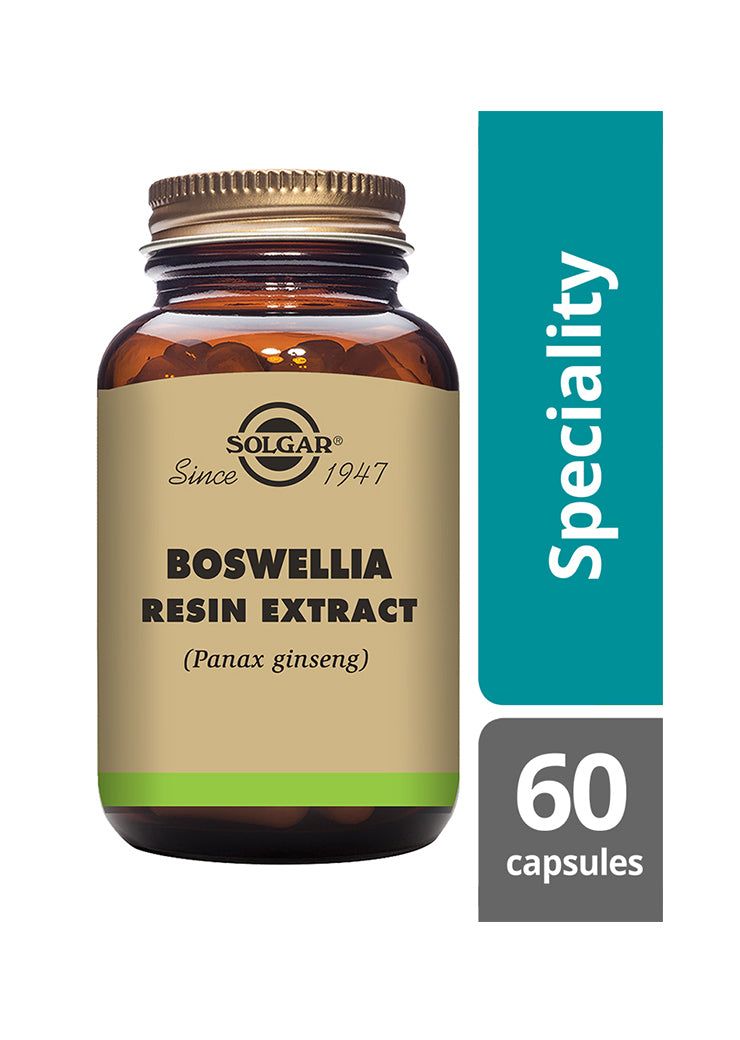 Solgar Boswellia -pullo, ruskea, beige mattaetiketti, teal-sininen laatikko "Speciality" ja "60 capsules"; sisältää myös Panax ginsengiä, valkoinen groteskiteksti laatikossa
