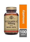 Solgar C-vitamiini + Ruusunmarja -pullo, ruskea lasi, kultainen metallikierrekorkki, beige mattaetiketti; oranssi-valkoinen teksti "Immunity support", 100 tablettia, 500 mg