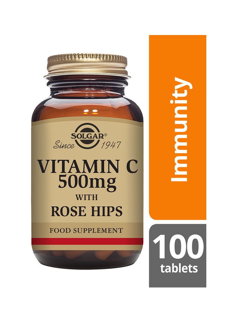 Solgar C-vitamiini + Ruusunmarja -pullo, ruskea lasi, kultainen metallikierrekorkki, beige mattaetiketti; oranssi-valkoinen teksti "Immunity support", 100 tablettia, 500 mg