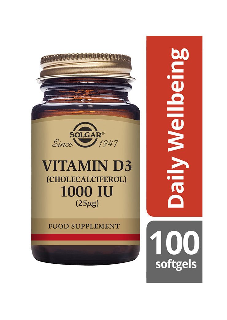 Solgar D3-vitamiini 25 mikrog -pullo, ruskea muovipullo kultaisella etiketillä; 100 pehmytkapselia, puna-valkoinen tausta