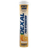 Dexal Pro Hydration Appelsiini +C+B6+B12; putkilo Dexal Pro Hydration -urheilujuomatabletteja, appelsiinin maku; lieriömäinen muoviputkilo kiiltäväpintaisella, pääosin valkoisella etiketillä ja eloisin appelsiiniviipalekuvin; teksti lihavoitua ja modernia, pääosin mustaa oranssein korostuksin; korkki tasainen valkoinen muovi; tuote lepää valkoisella taustalla, ei ihmisiä tai lisäesineitä kuvassa.