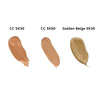 Dhyvana CC Sävytetty aurinkovoide kasvoille SK30 Golden Beige; kolme meikkivoidenäytettä nimillä CC SK30 (lämmin beige), CC SK50 (vaalea beige) ja Golden Beige SK30 (kellertävä beige) valkoisella taustalla; näytteet kermaisia, suorakulmaisia raitoja sileän ja hieman kiiltävän pinnan kera; etiketit yksinkertaista groteskitekstiä kunkin sävyn vieressä; ei pakkausta tai ihmisiä kuvassa.