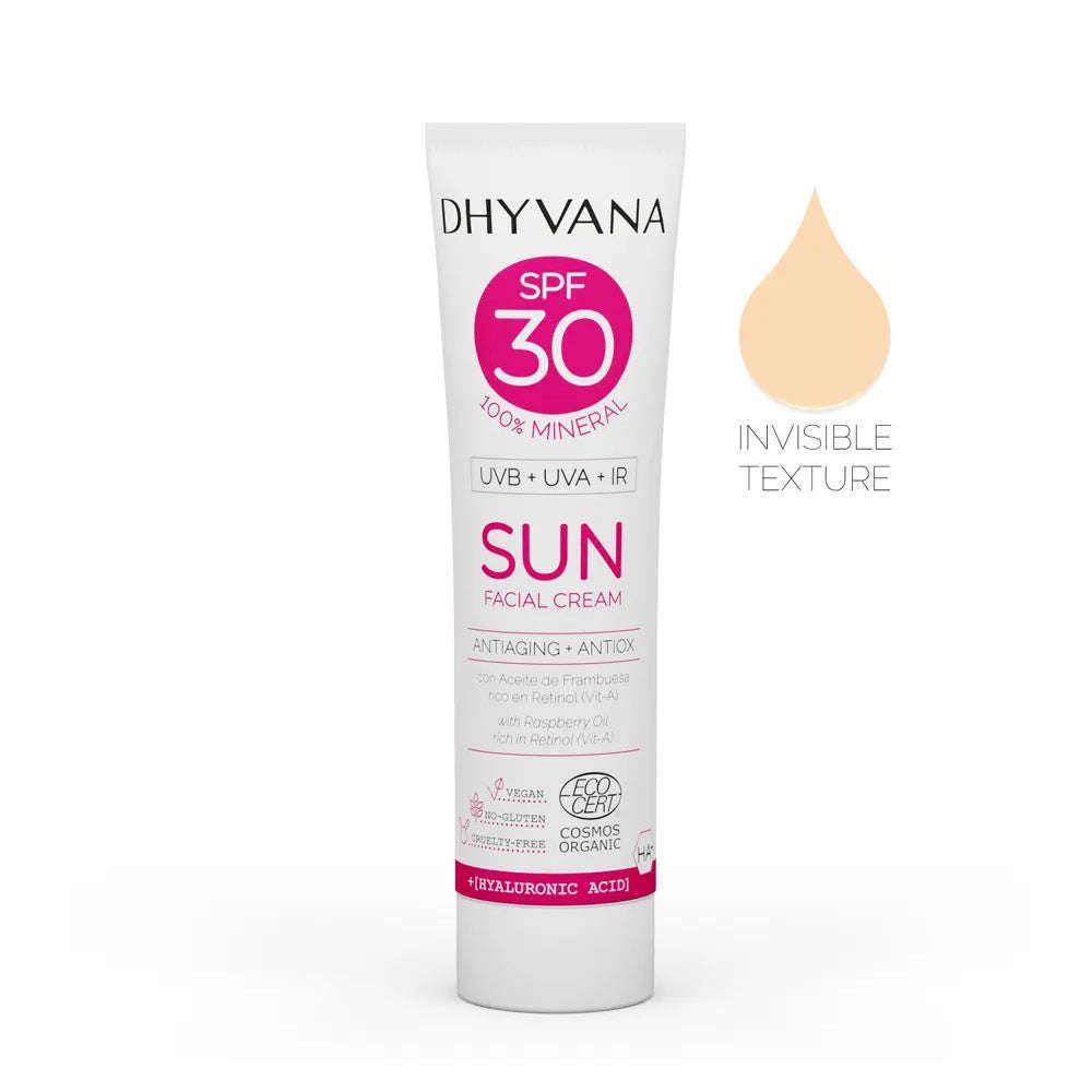 Dhyvana SUN sävytön aurinkovoide kasvoille SK30; tuubi mineraalipohjaista SPF 30 -aurinkovoidetta, jossa ikääntymistä ehkäiseviä ja antioksidanttisia ominaisuuksia; vierellä pisara ja teksti "INVISIBLE TEXTURE"; suoja UVA-, UVB- ja infrapunasäteilyä vastaan, mineraalikaava.