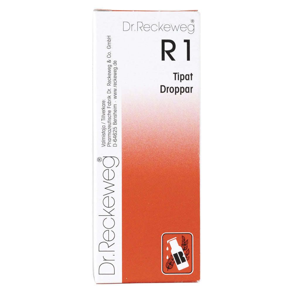 White and orange cardboard box of Dr. Reckeweg R1 Tipat Dropper medicine, rectangular shape, matte finish. Packaging displays printed text in several languages and a small dropper bottle icon in the lower right corner. Label uses simple sans-serif typography. No people or hands visible; neutral background; product shown upright in a straightforward shot.