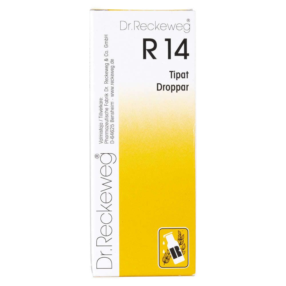 Box of Dr. Reckeweg R14 homeopathic drops. The packaging is a rectangular, matte-finish box in white and yellow, featuring bold black sans-serif and serif text for product details. “Tipat Droppar” is legible, along with an icon of a dropper bottle at the lower right. No people or hands are present. The background is plain and untextured.