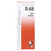 A white and red box labeled Dr. Reckeweg R48 Tipat Droppar, with a matte finish, displays simple sans-serif typography in black and red. The design includes a small printed icon of a medicine bottle and dropper in one lower corner. Box is rectangular with sharp edges. No visible people or hands; background is plain white; the shot is taken straight-on at mid-range distance.