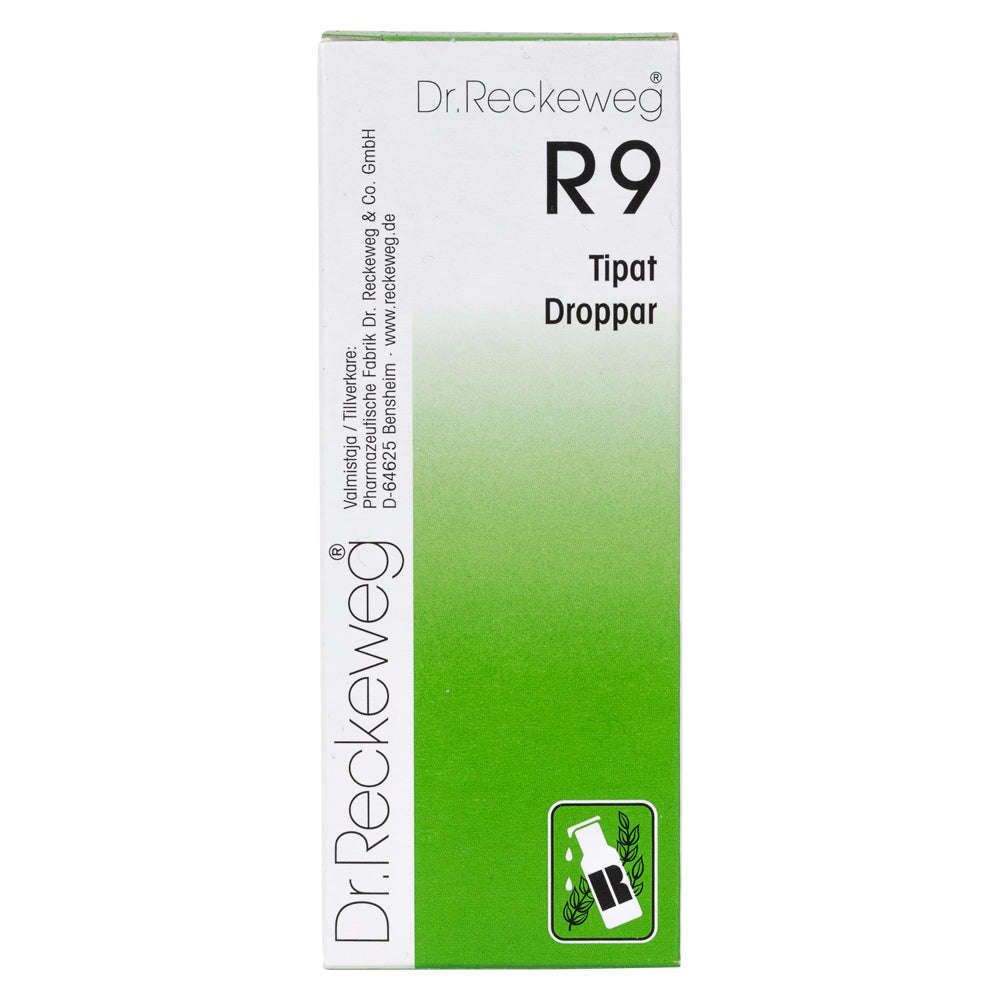 A green and white box labeled Dr. Reckeweg R9 Tipat Droppar, featuring a small icon of a bottle and a dropper at the bottom, highlights this homeopathic remedy. The rectangular box has a matte finish, printed with standard sans-serif text. Packaging appears unopened. Plain background with no visible props or hands. The photo is centered and shot straight-on at eye level.