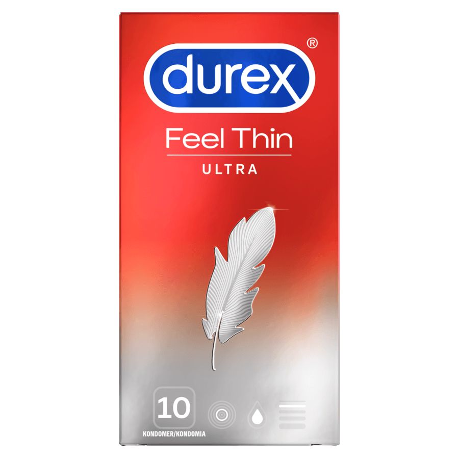 Durex Feel Ultra Thin -kondomipakkaus; punainen ja hopeanvärinen, suorakulmainen ja mattapintainen rasia; kuvituksena valkoinen sulka sekä lihavoitua kirjasinta; teksti kertoo 10 erittäin ohuesta kondomista; kaikki näkyvä teksti valkoista tai hopeanväristä tekstausvapaata kirjasinta; rasia seisoo pystyssä vaaleaa taustaa vasten, ei ihmisiä tai muita esineitä.